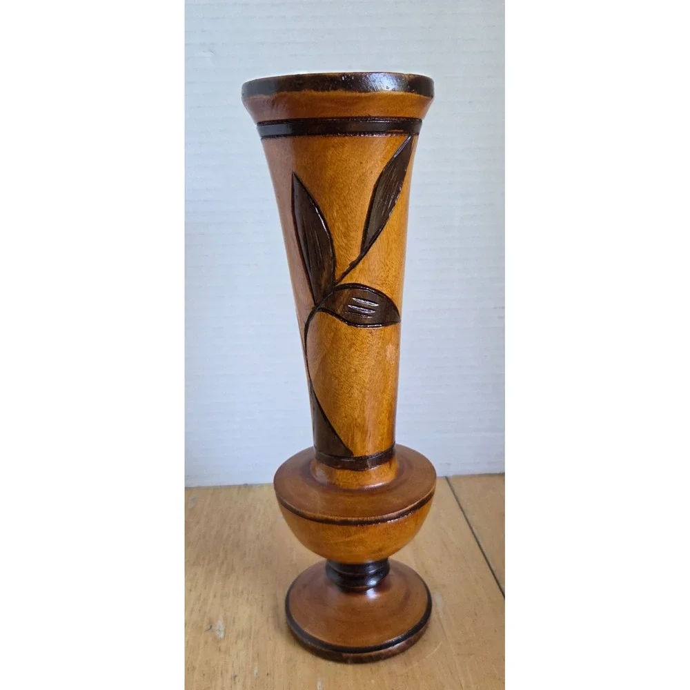 Vintage Hand Carved Turned Wooden Vase Floral and Leaf Etched Design 10 inches